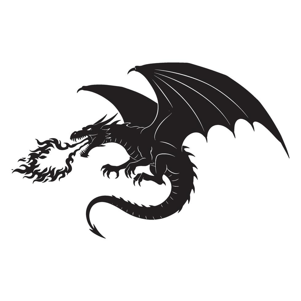 Fierce black dragon illustration breathing fire against a clean white background vector