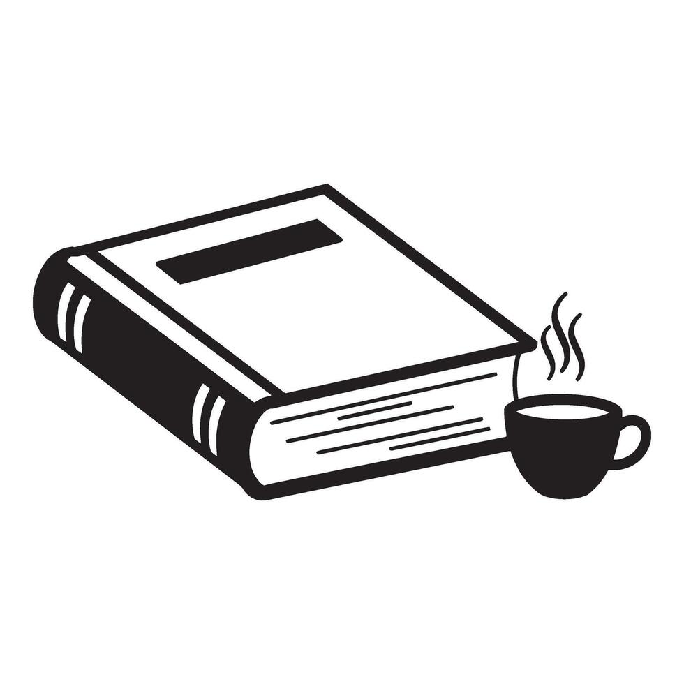 illustration of a book next to a cup of hot coffee or tea beverage in black and white. vector
