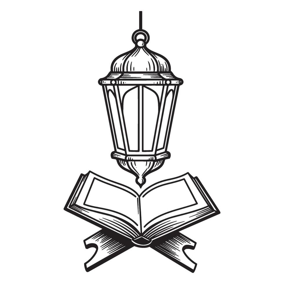 Ramadan islamic lantern and open book illustration featuring holy symbolism and traditional elements vector