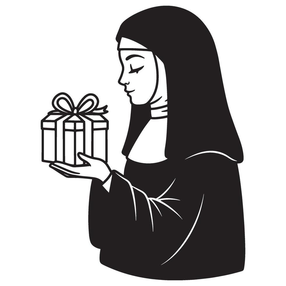 A nun holding a gift box with a bow religious icon illustration vector