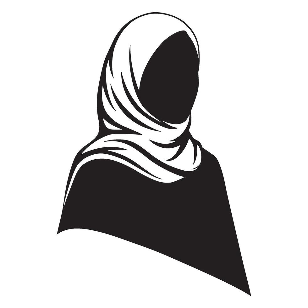 Silhouette illustration of a woman wearing a hijab in black and white minimalist design vector