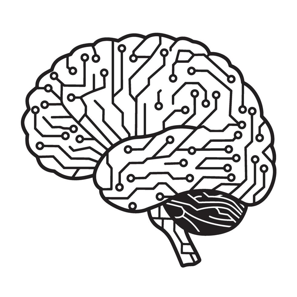 Illustration of a human brain showing electronic circuits and connected intelligence vector