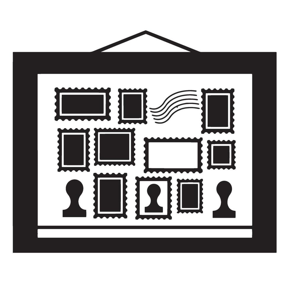 Artistic black and white illustration of postage stamps and silhouette icons in a frame vector