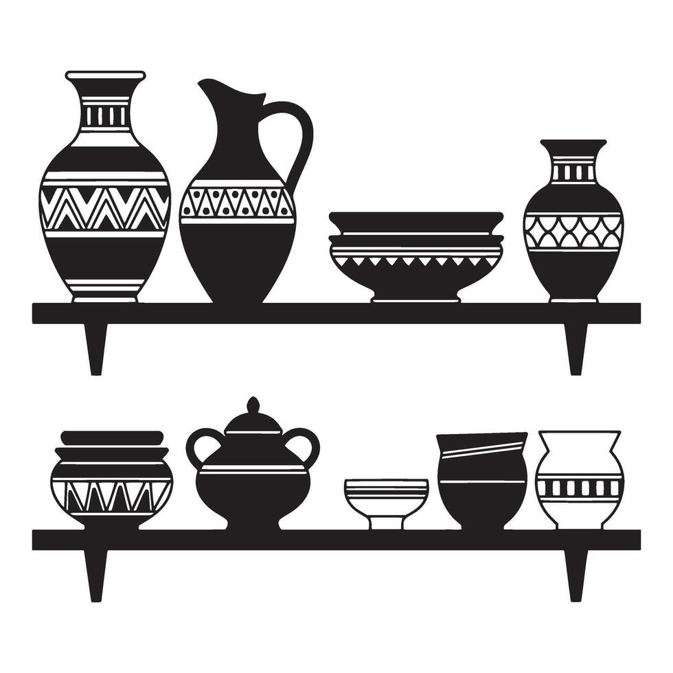 Black and white illustration of decorative pottery on two wooden shelves with simple designs vector
