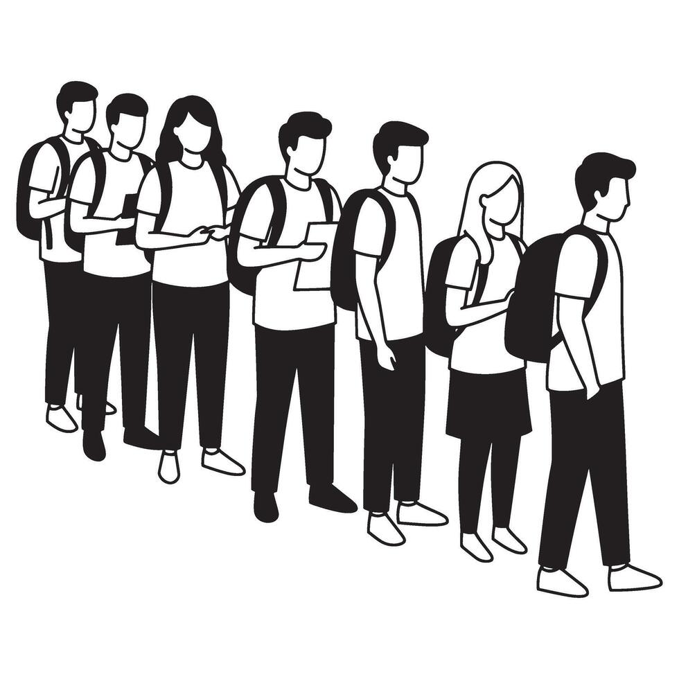Students waiting in a line silhouette with backpacks and paper document isolated on white vector