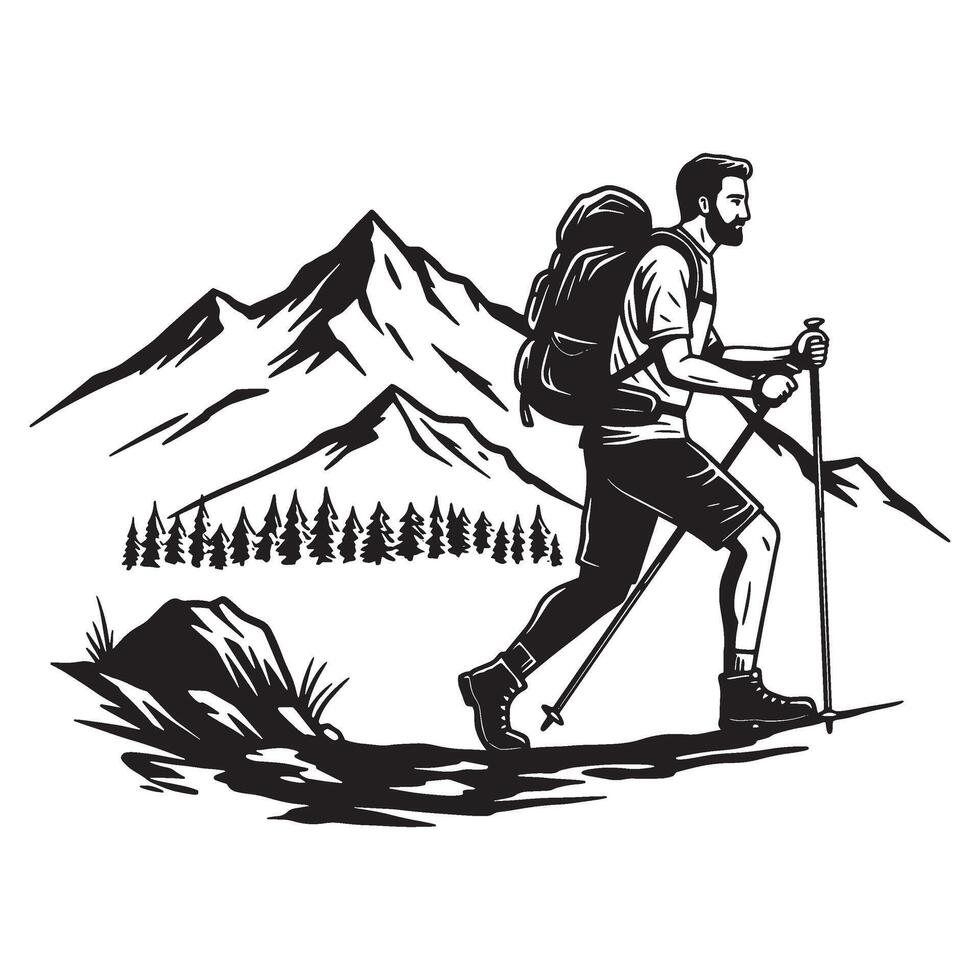 Black and white illustration of a hiker trekking through mountains with backpack and poles vector