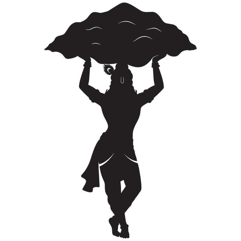 Silhouette illustration of lord krishna lifting govardhan hill depicting divine protection vector