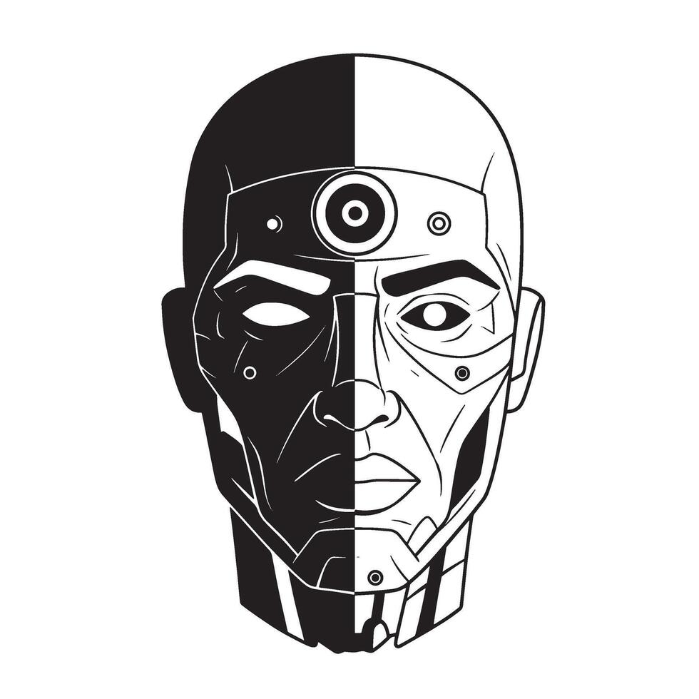 Divided cybernetic human head illustration with contrasting black and white sections vector