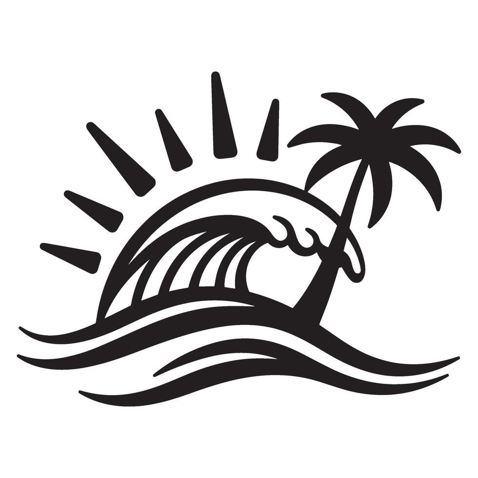 Black and white beach scene silhouette featuring a sun palm tree and ocean wave vector