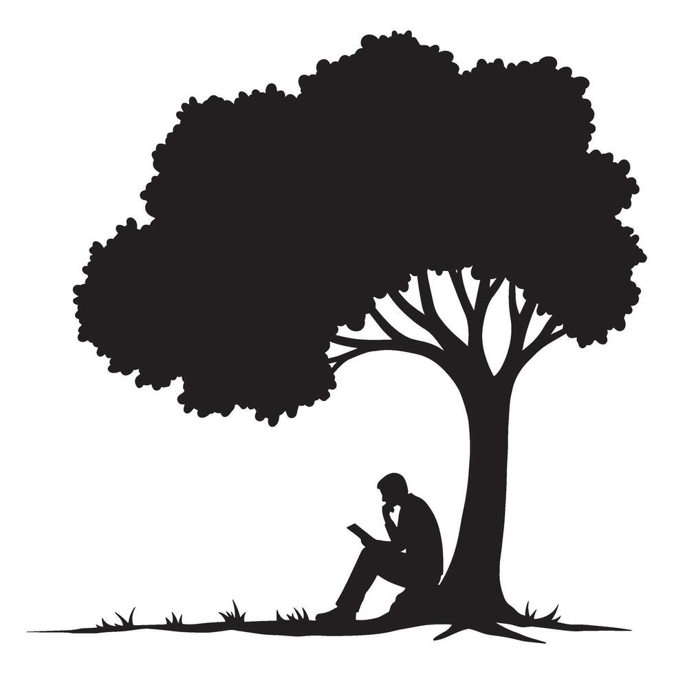 Silhouette of a person sitting under a tree reading or contemplating ideas on a sunny day vector