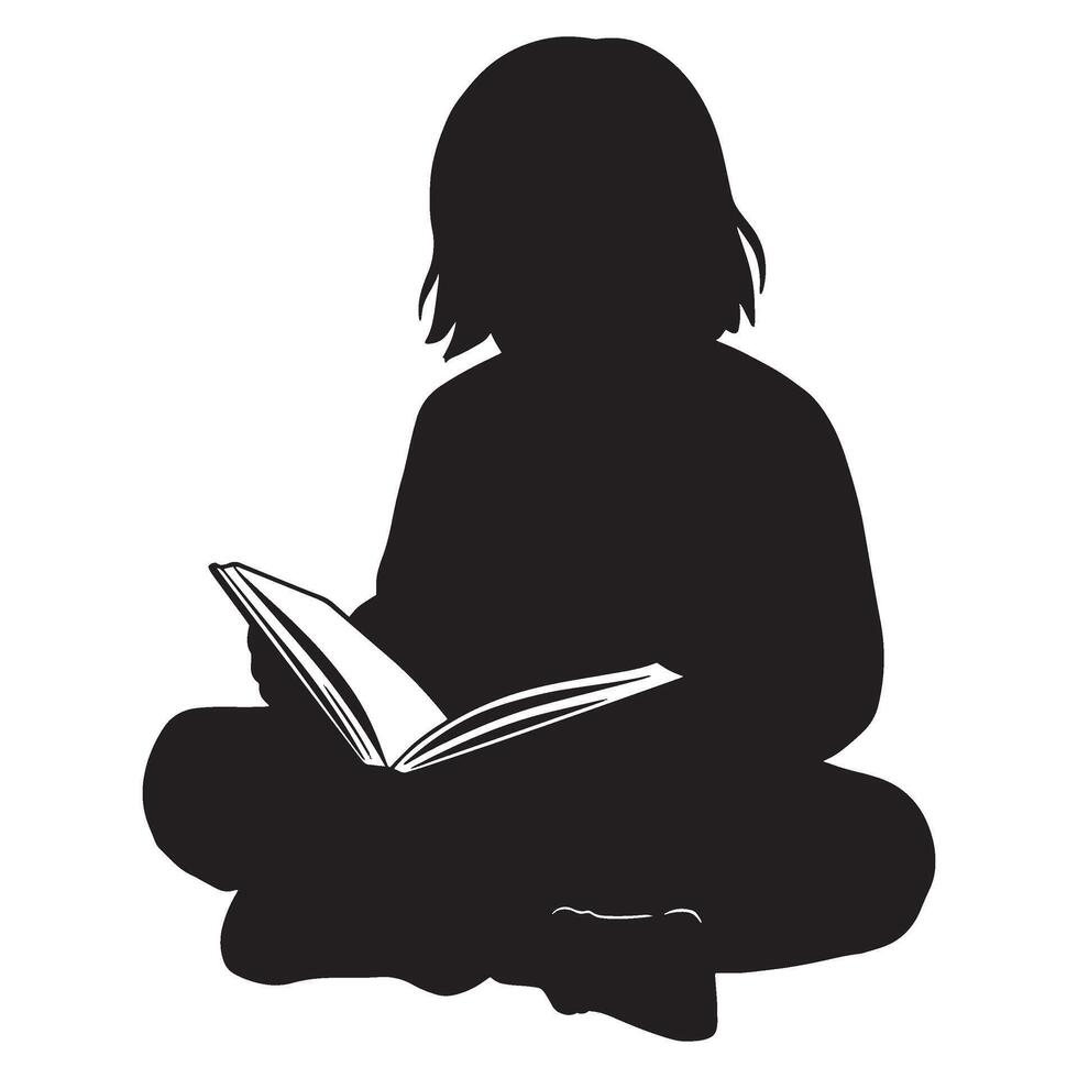 Silhouette of a child reading a book sitting cross legged on white background vector