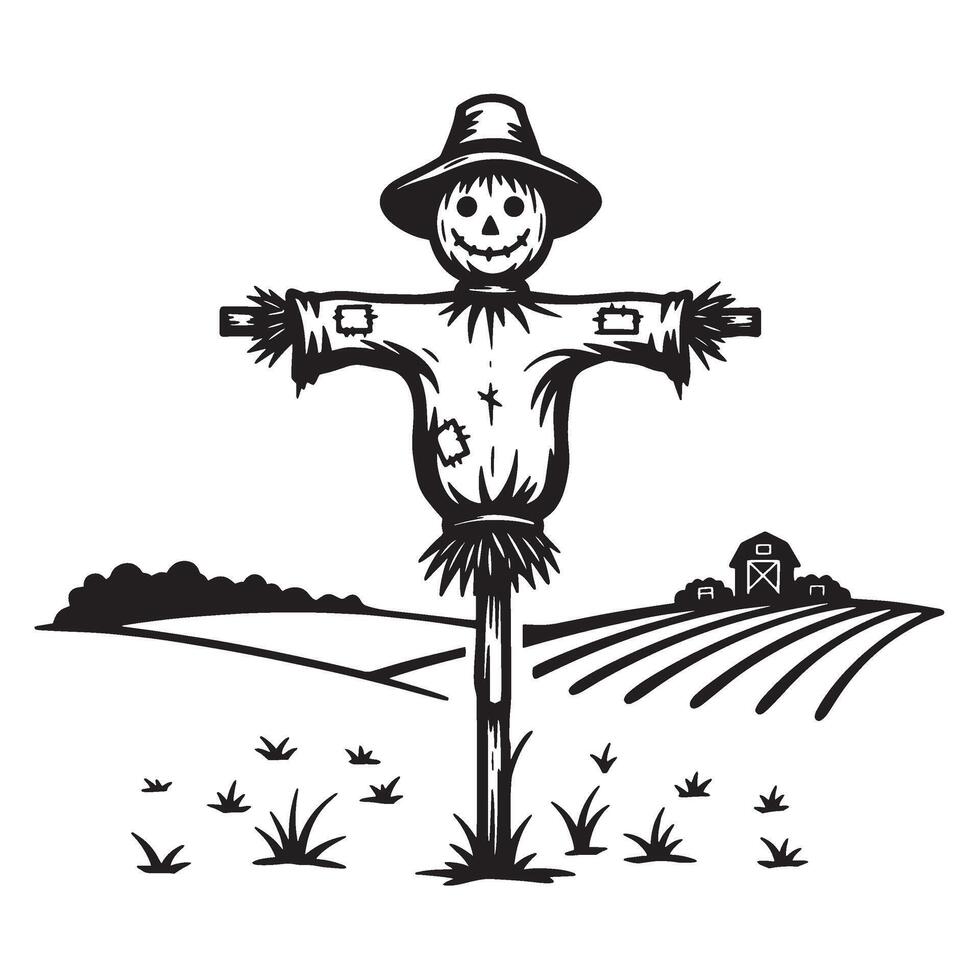 Detailed black and white illustration of a scarecrow in a farm field setting with barn vector