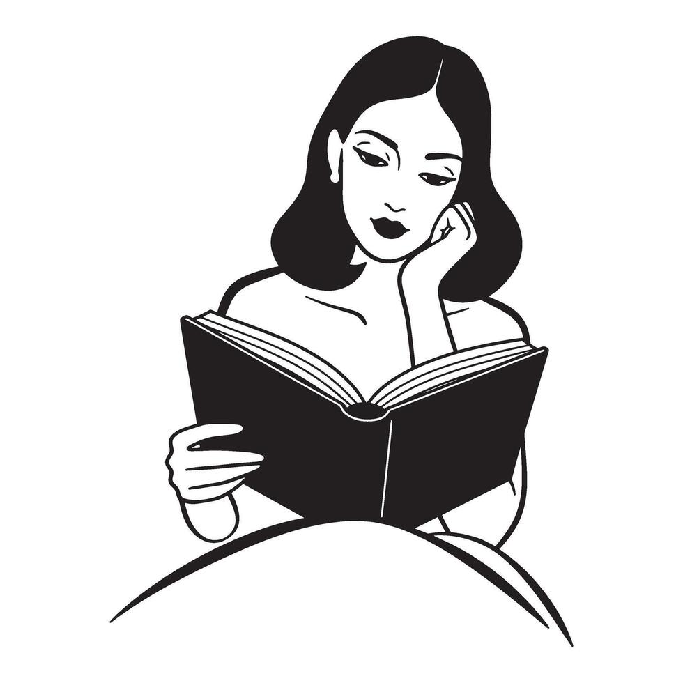 Elegant black and white illustration of a woman immersed in reading a book vector