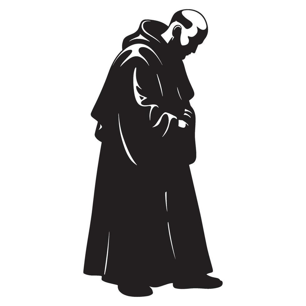 Silhouette of a monk in a habit with a hood on a white background illustrative design vector