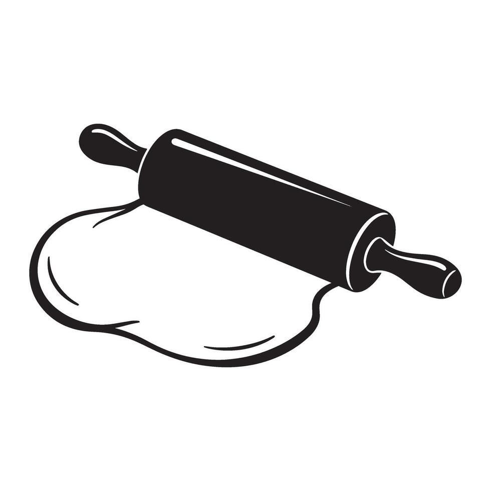 A black and white illustration of a rolling pin and dough for baking vector