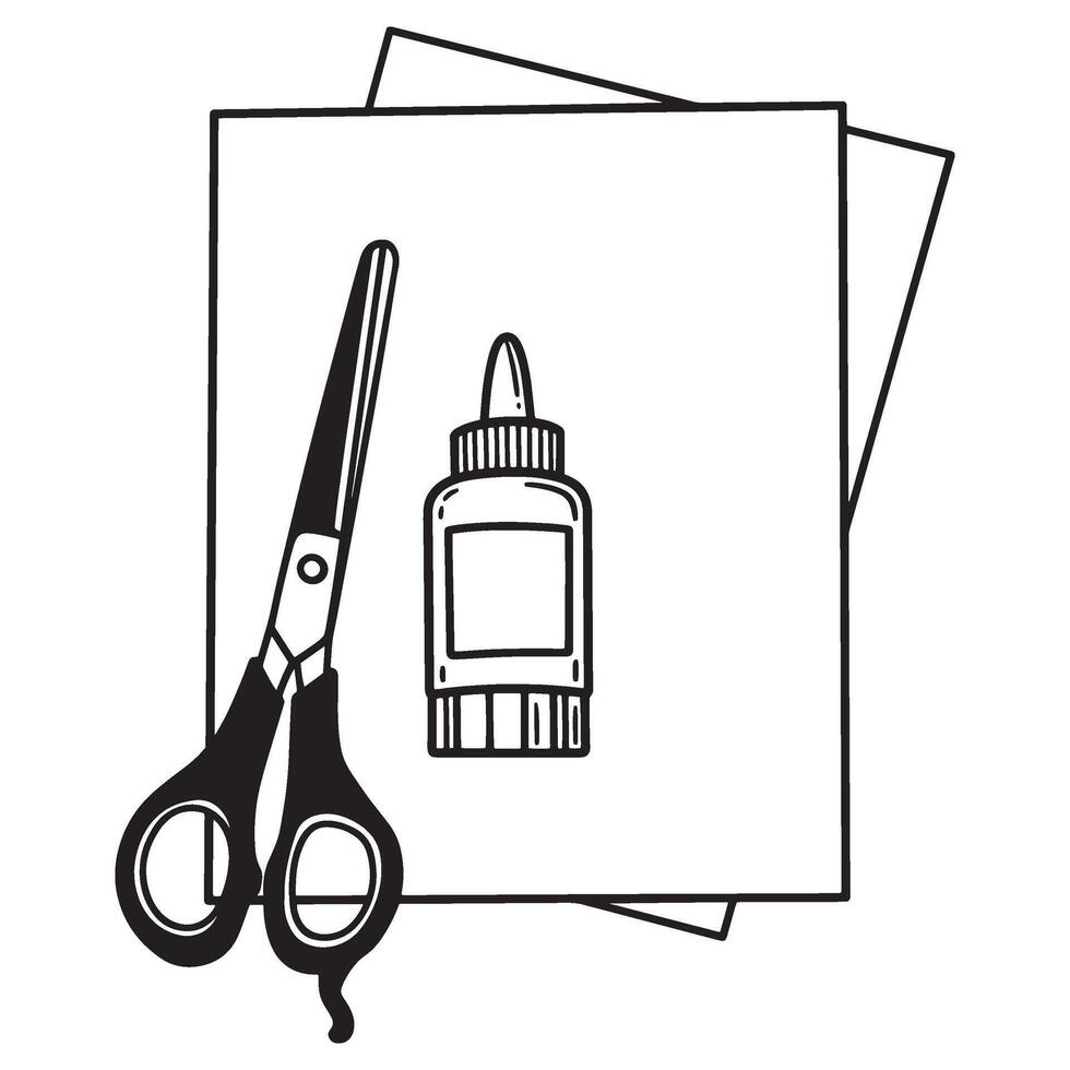 Simple black and white illustration of crafting supplies with paper and accessories vector