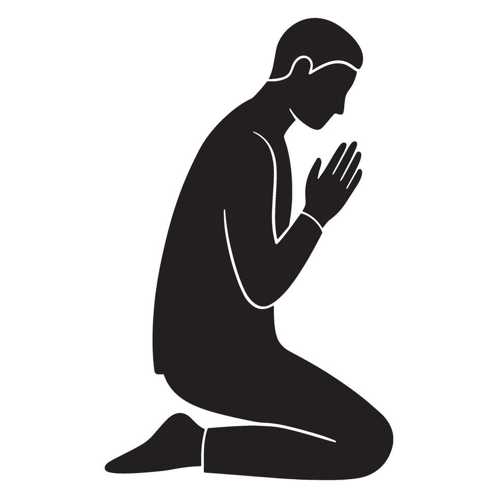 Silhouette illustration of a person kneeling in prayer and deep contemplation on white background vector