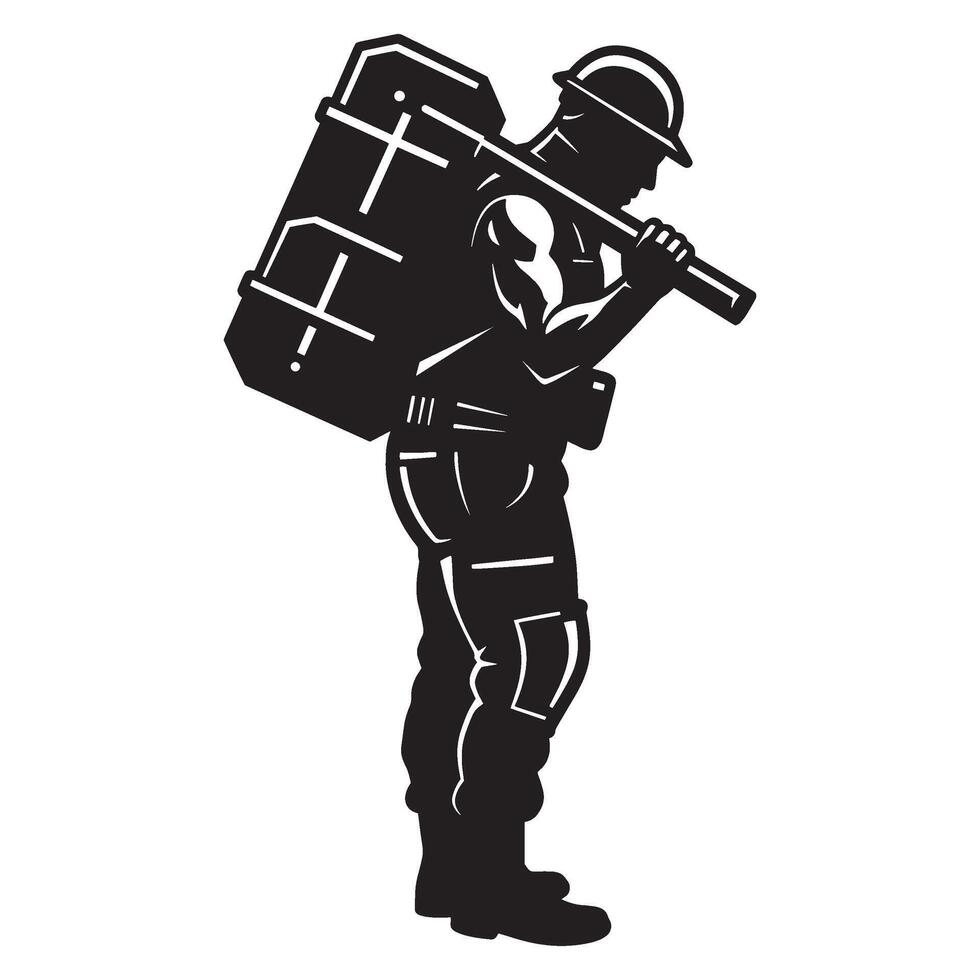 Silhouette of a construction worker carrying equipment on his shoulder in black and white vector
