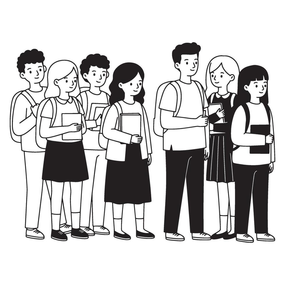 Group of students standing together holding books and backpacks ready for school activities vector
