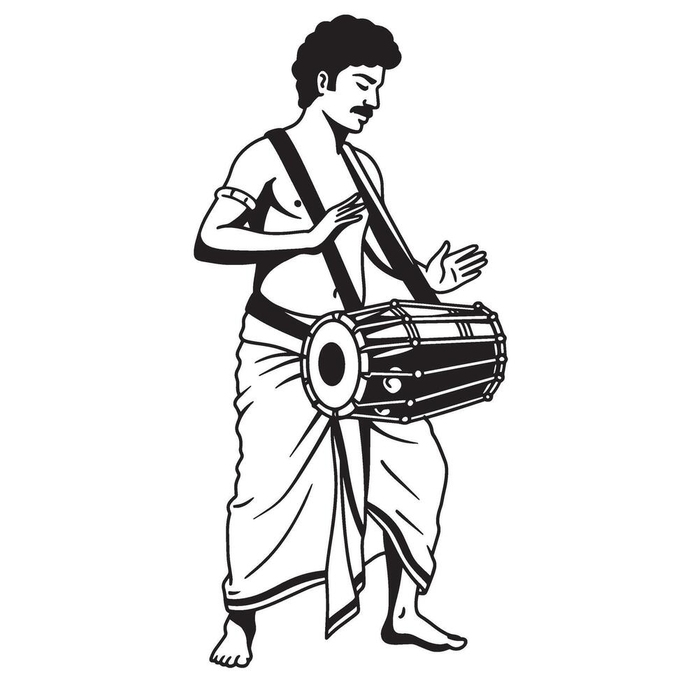 Indian musician playing a traditional double-sided drum in black and white illustration vector
