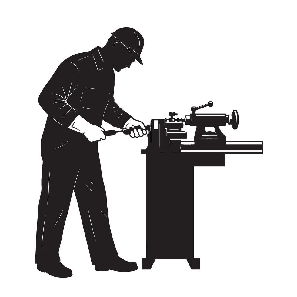 Silhouette of a machinist operating a lathe machine in a workshop setting using tools and safety gear vector