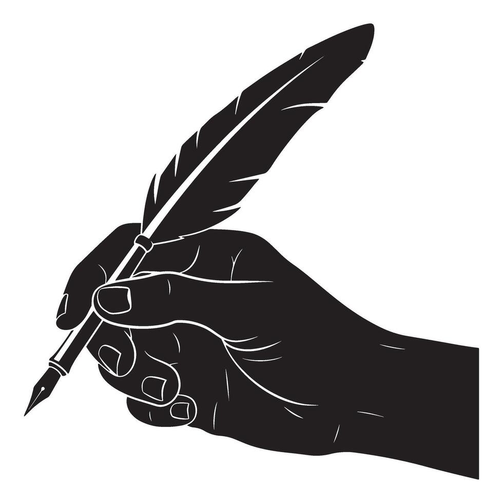 Silhouette of a hand holding a quill pen writing on a blank white background vector