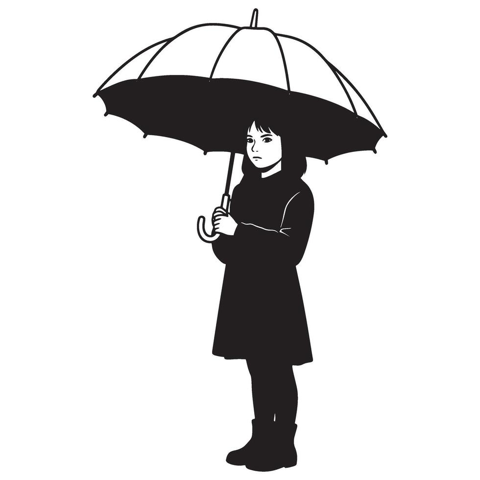 Illustration of a girl holding an umbrella in a minimalist black and white style vector