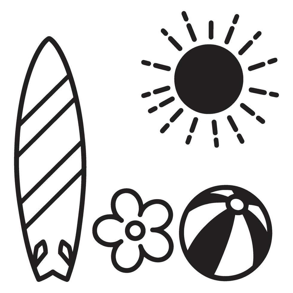 Black and white summer icon collection featuring surfboard sun beach ball and flower vector