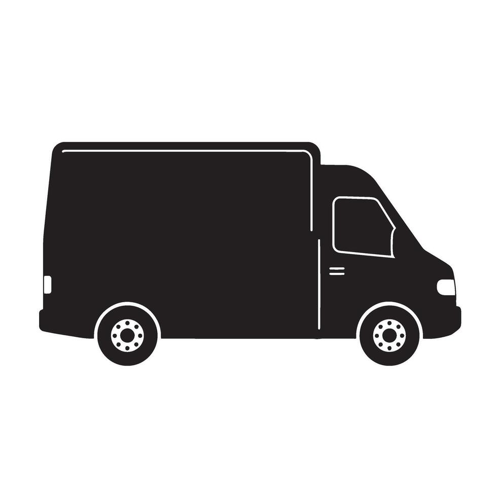 Black and white illustration of a delivery van isolated on a white background vector
