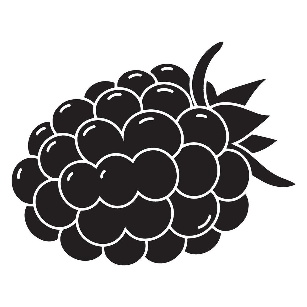 Simple black and white illustration of a fresh and ripe blackberry fruit with leaves vector