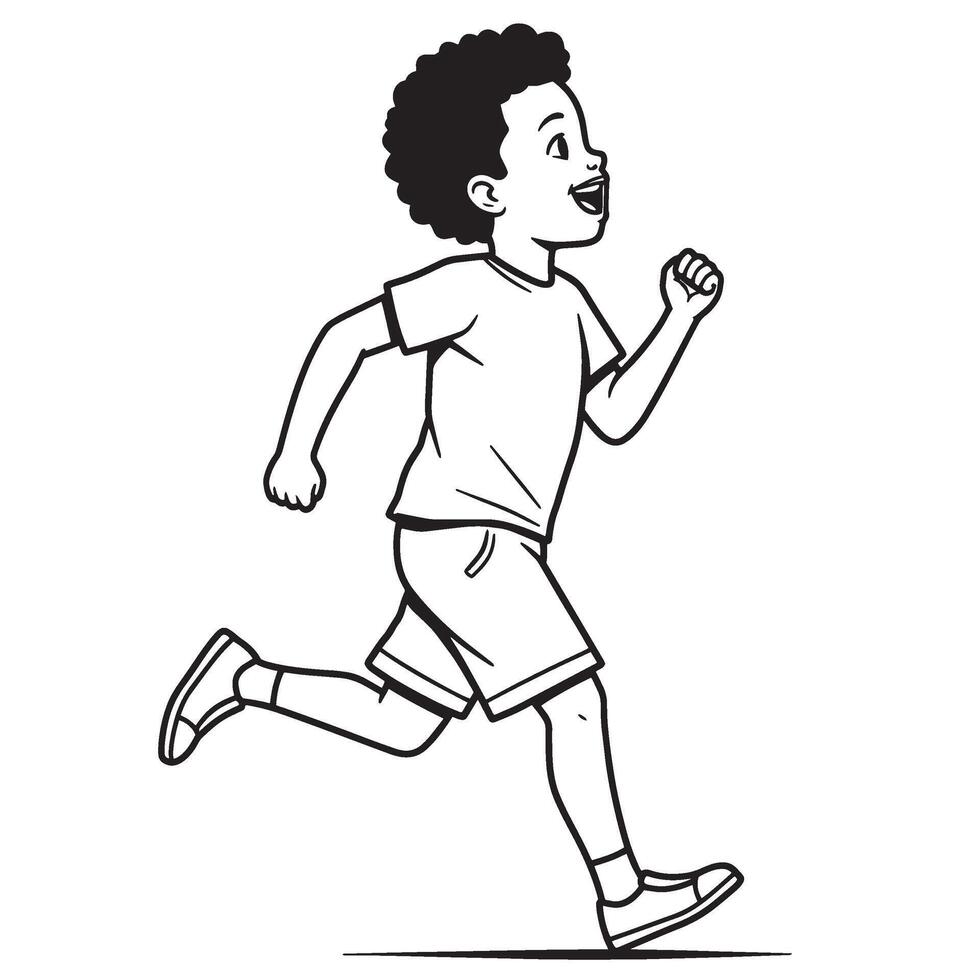 Energetic running boy in black and white cartoon style demonstrating joyful movement vector