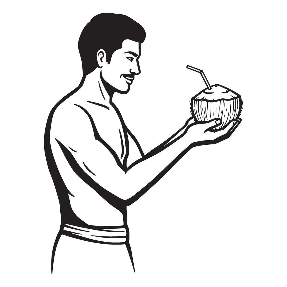 Black and white illustration of a man holding a coconut drink with a straw vector