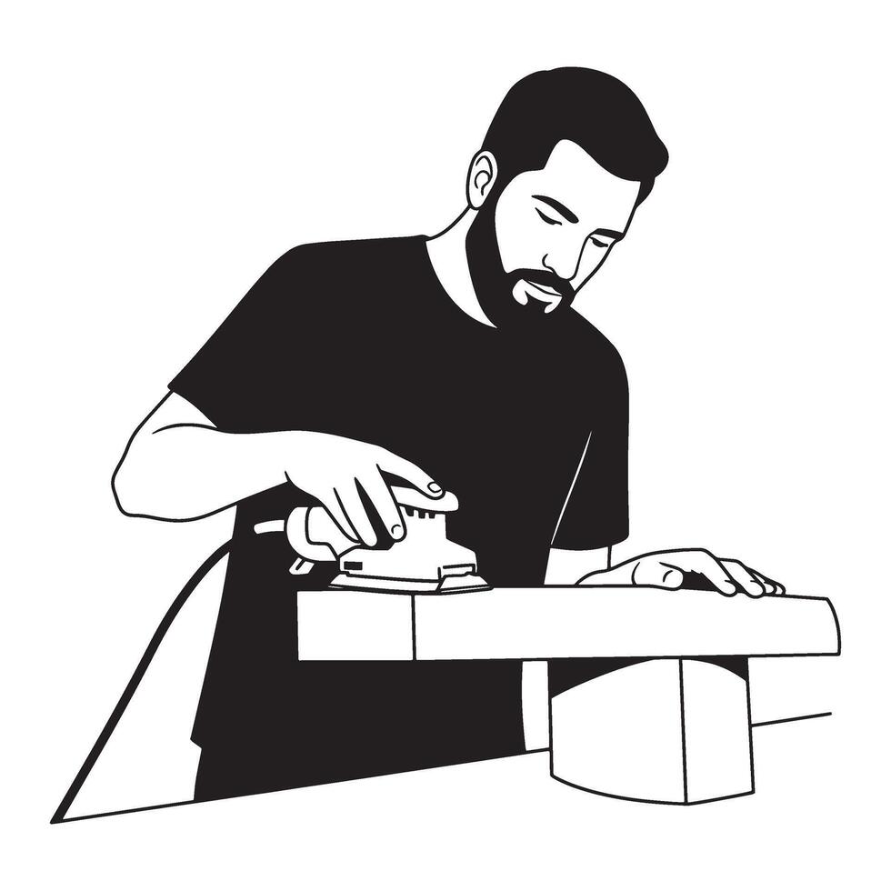 Black and white illustration of a carpenter sanding a wooden plank with power tools. vector