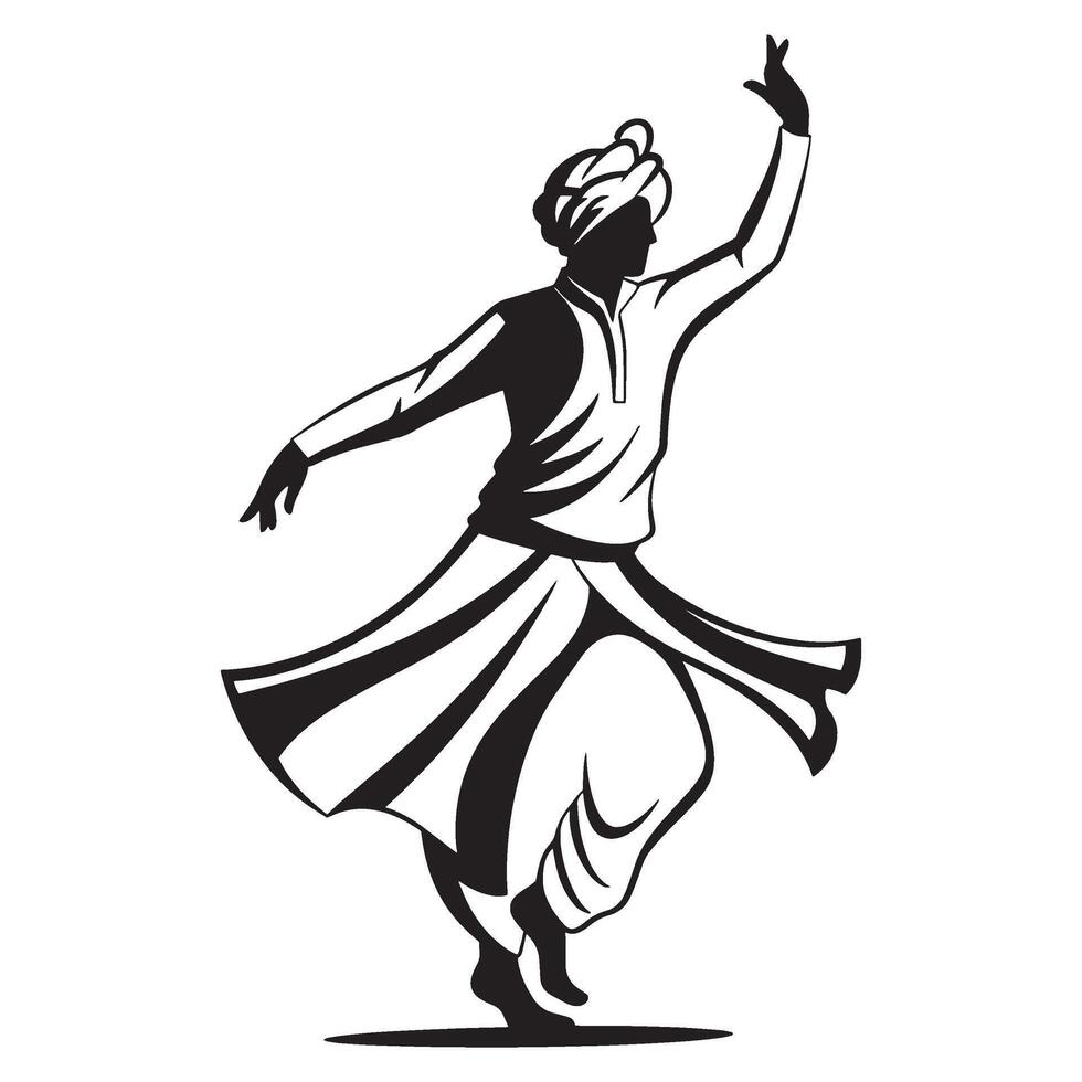 Black and white silhouette of a sufi dervish dancer performing a religious ritual vector