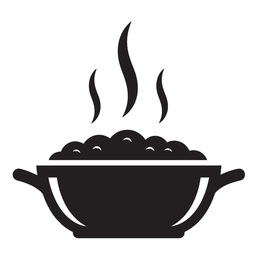 A simple black and white illustration depicting a pot of cooked food and steam vector