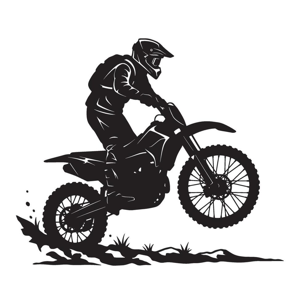 Silhouette illustration of a motocross rider performing a jump on a dirt bike vector