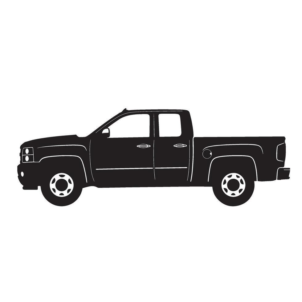 Black and white illustration of a modern pickup truck on a clean white background vector