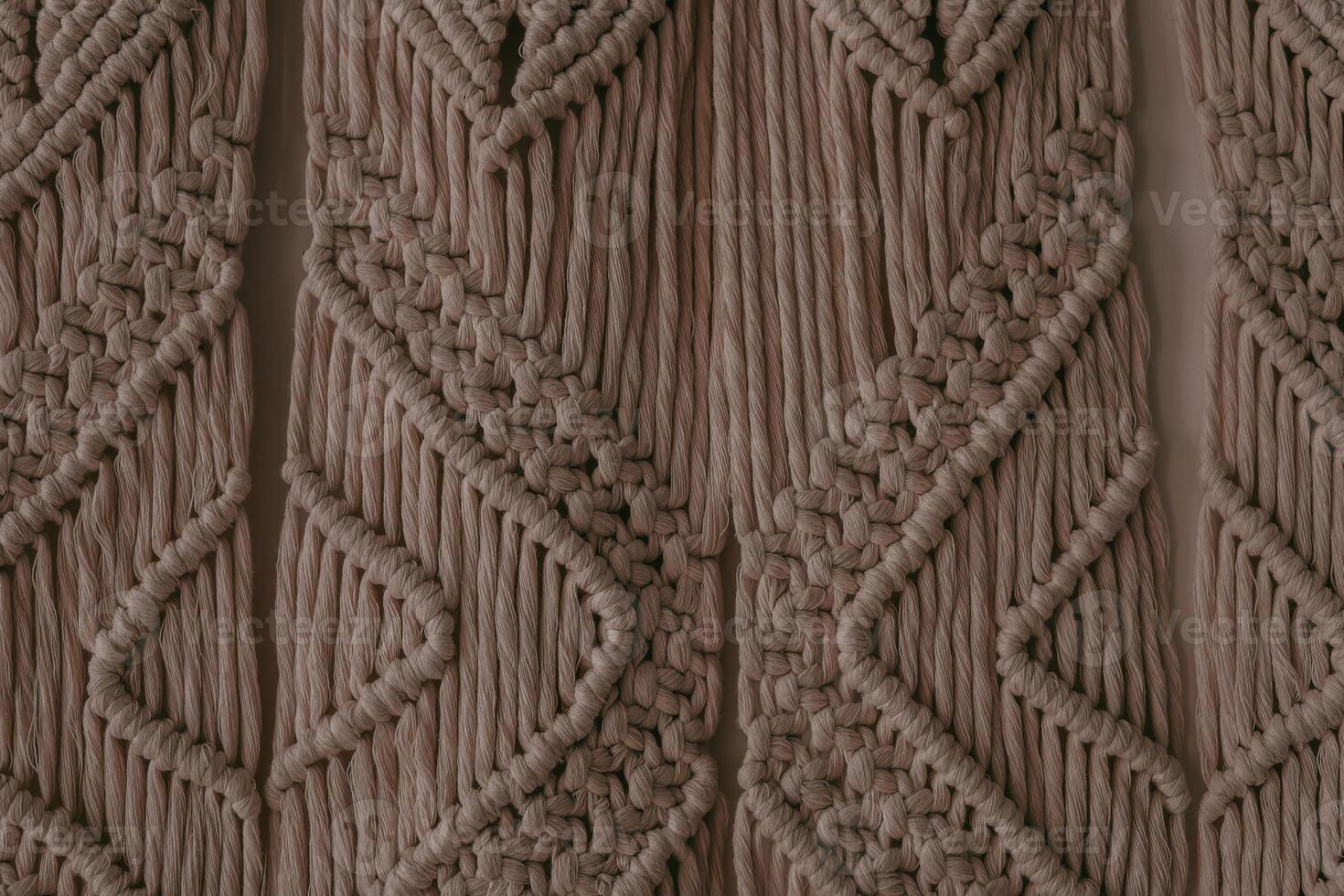 Intricate macrame wall hanging showcasing detailed patterns and textures in neutral tones photo