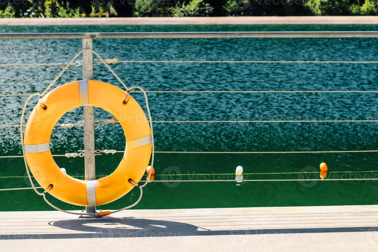 Lifesaving ring mounted on a dock by a tranquil lake surrounded by greenery photo