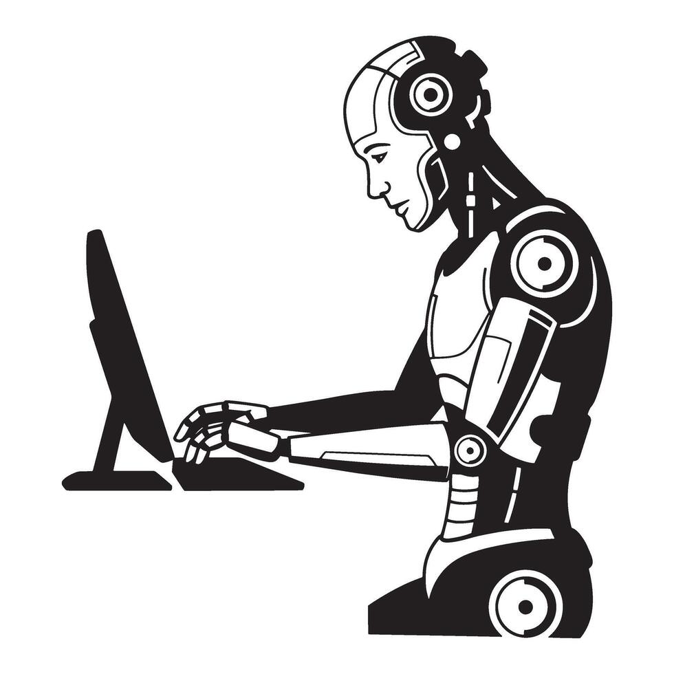 Black and white futuristic robot working on a computer with high technology design vector