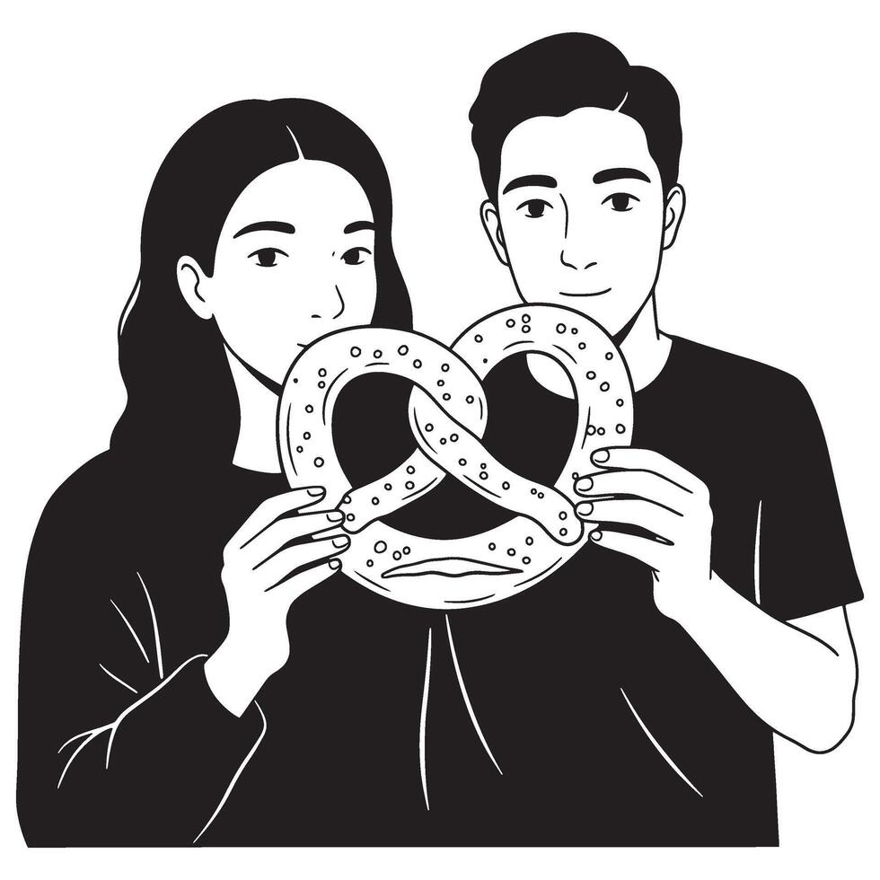 Couple happily holding a large pretzel depicting love and friendship in black and white vector