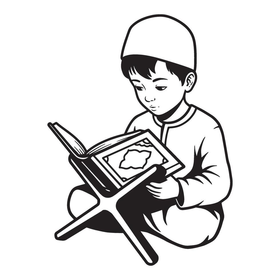 Young muslim boy reading the quran religious illustration in black and white outline vector