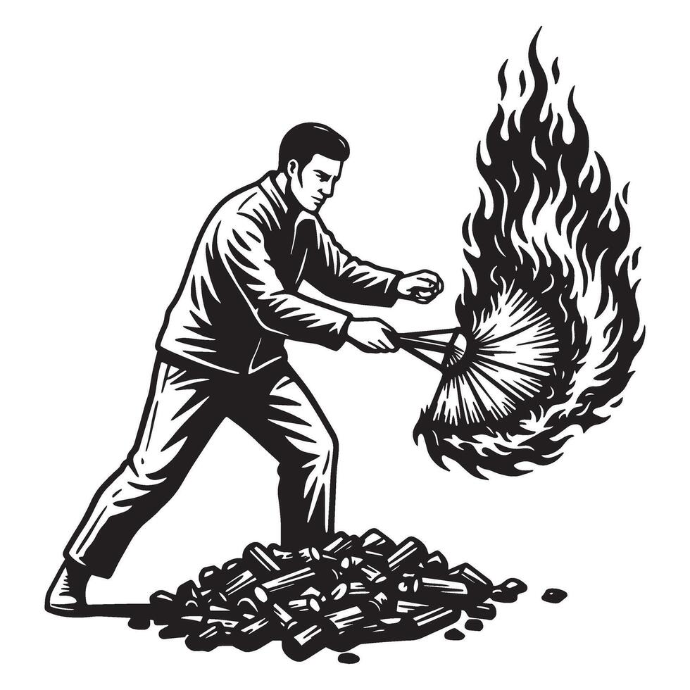 Black and white illustration of a man igniting a fire with a stylized fan vector