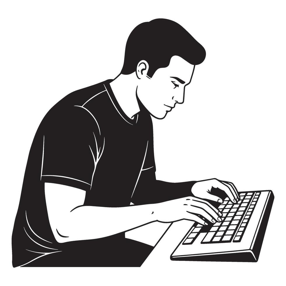 Black and white illustration of a man focused on typing on a computer keyboard vector