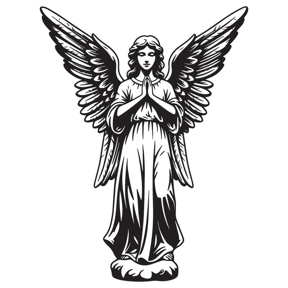 Elegant black and white angel statue illustration with upward wings and praying hands vector