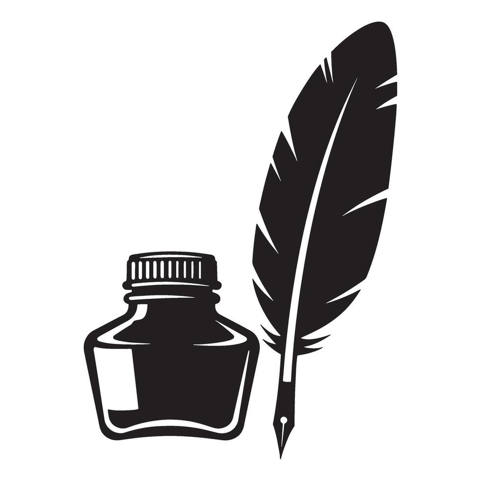 Black and white illustration of inkwell and feather quill on a clean white background vector