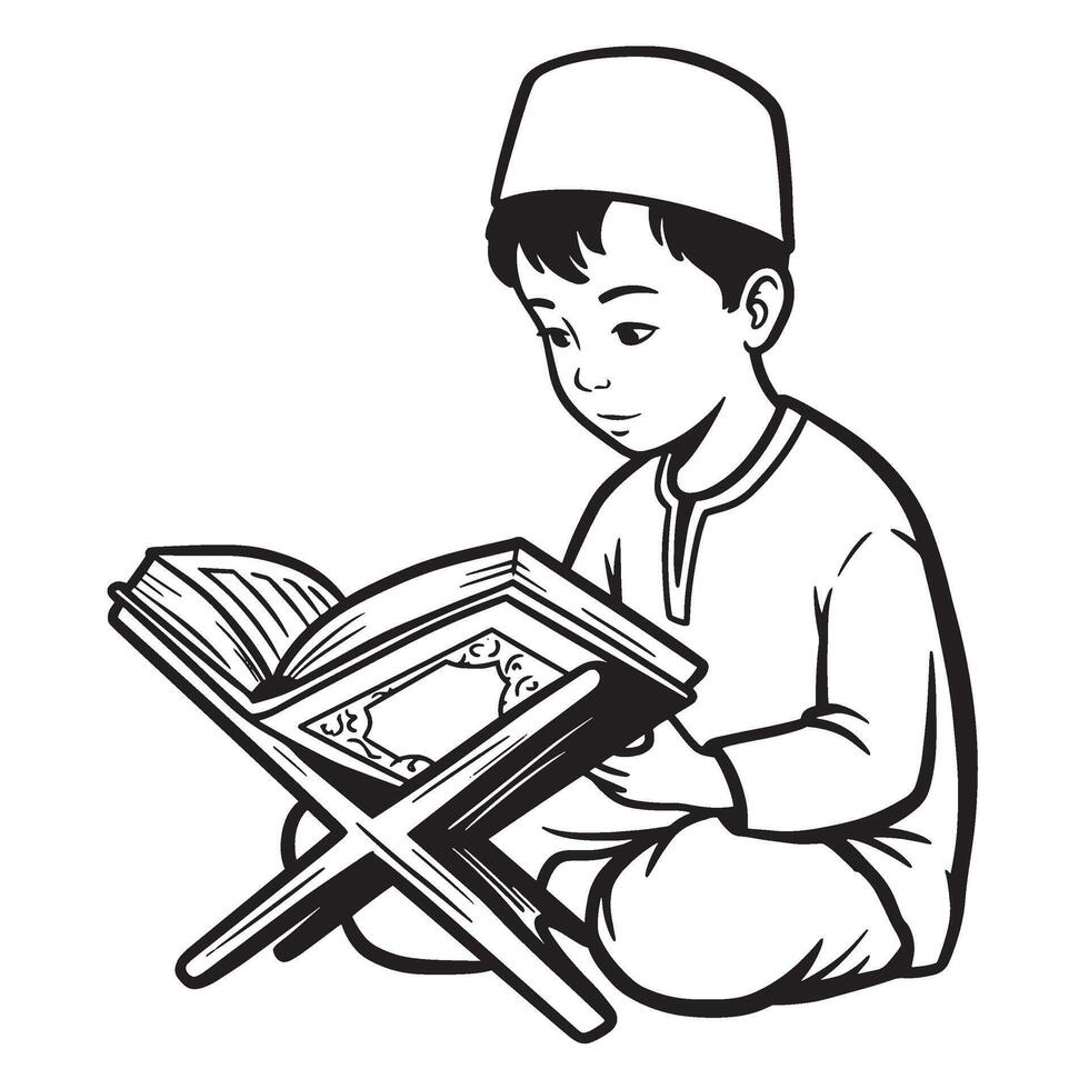 A young muslim boy reading the quran a illustration in black and white vector