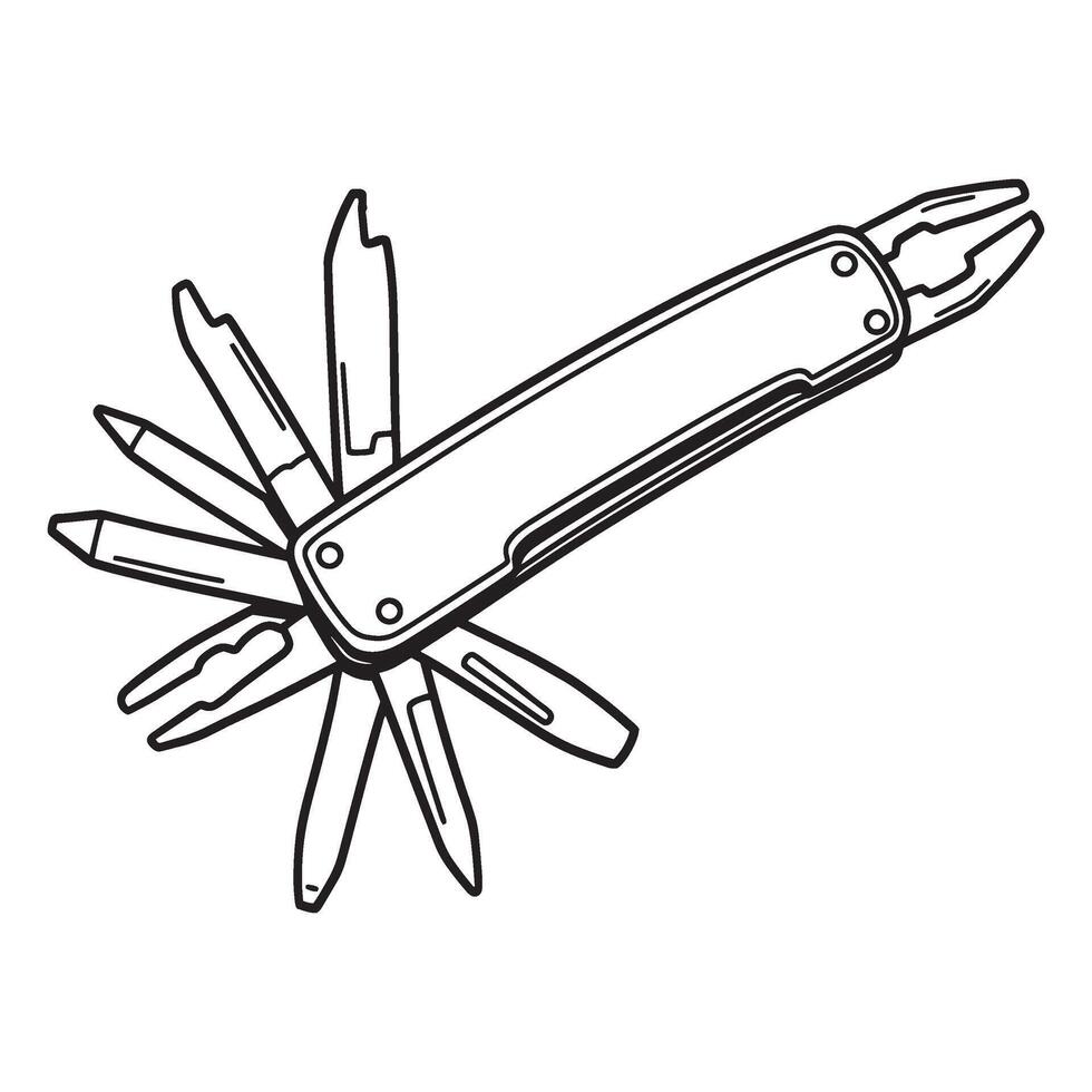 Detailed outline illustration of a multi tool with various integrated tools and functions vector