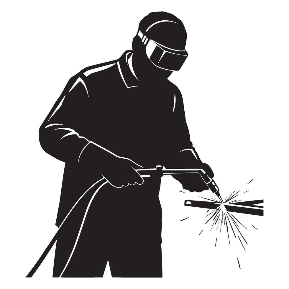 Silhouette of a skilled welder using welding torch with sparks on white background vector