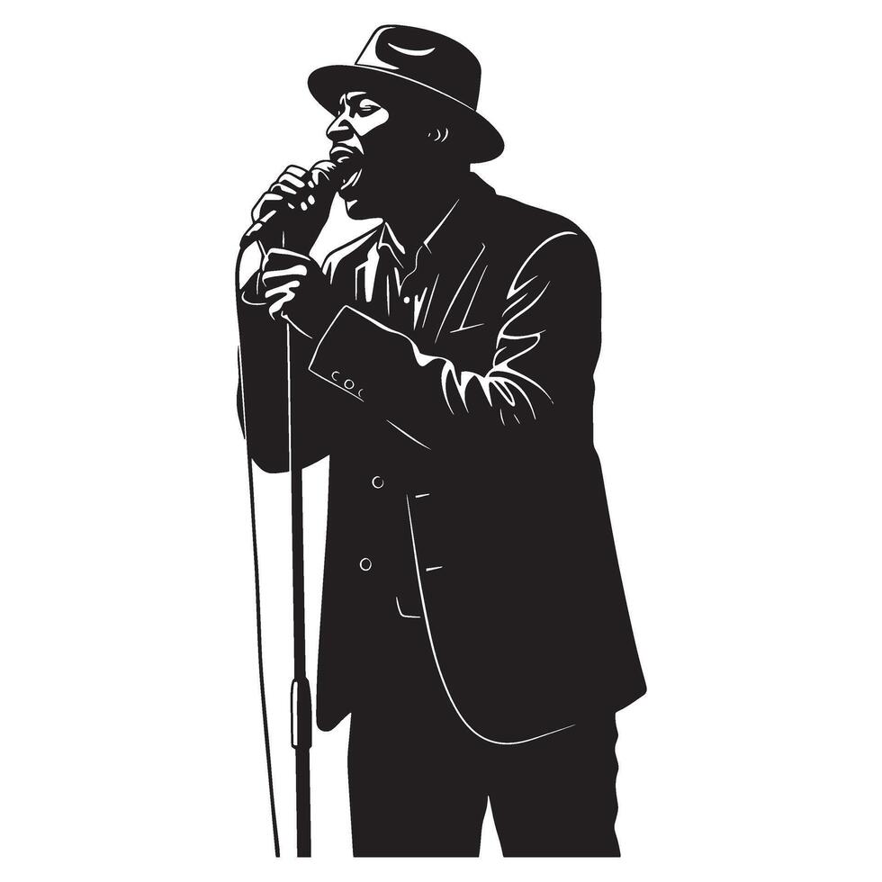 A silhouetted illustration of a jazz singer performing with a microphone on white background vector